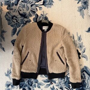 Anthropologie Taupe Sherpa Bomber Jacket with Black Trim